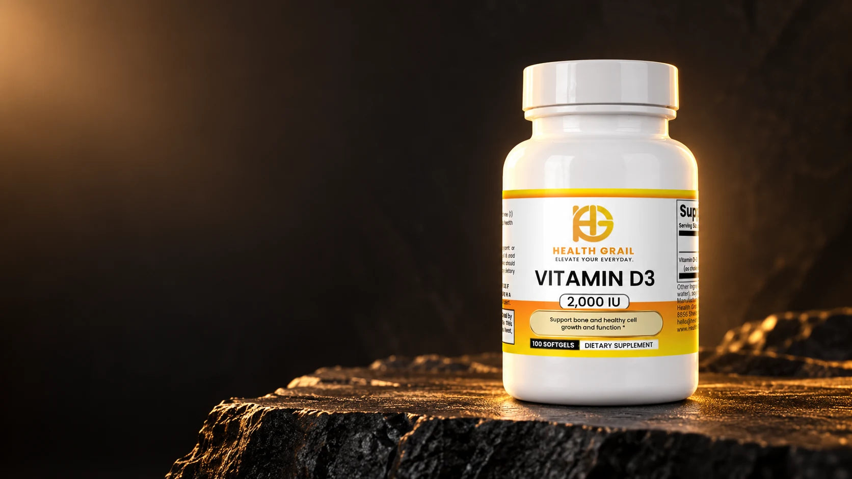 Health-Grail Vitamin D3 bottle on a charcoal stone surface in warm studio lighting