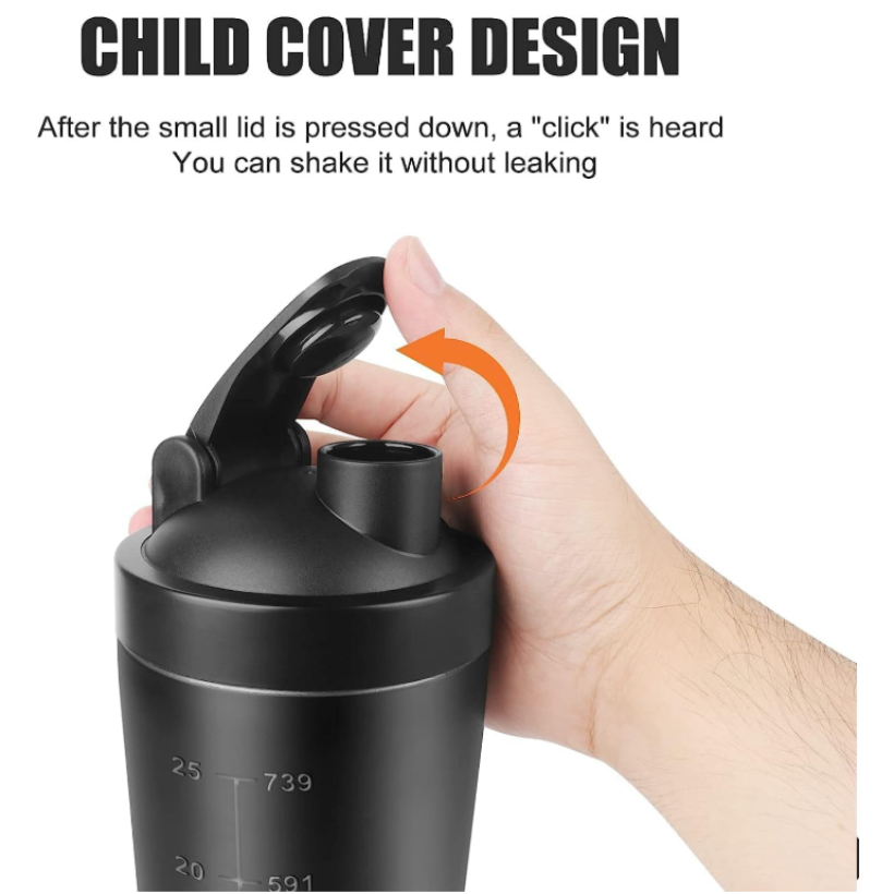 Child cover design of stainless steel shaker bottle for leak-proof shaking.