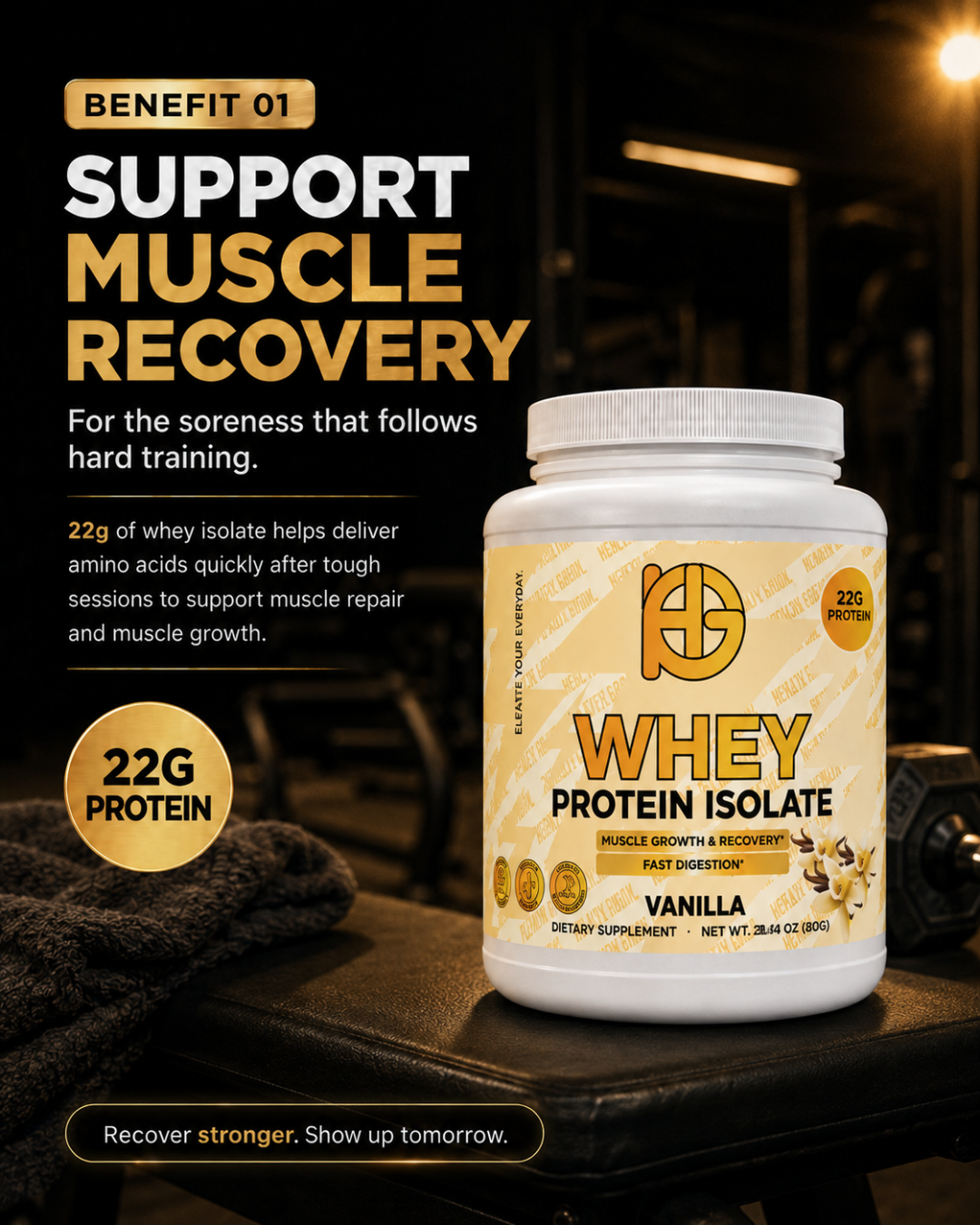 Whey protein isolate container with text about muscle recovery on a gym bench background