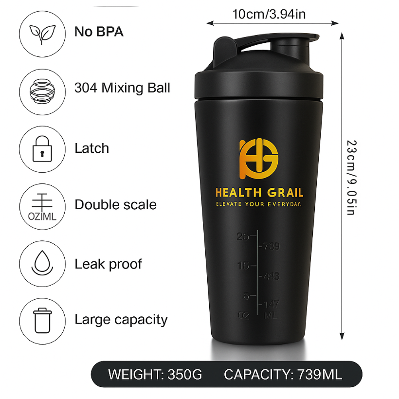 Stainless steel shaker bottle Health-grail with features like 304 mixing ball and large capacity.