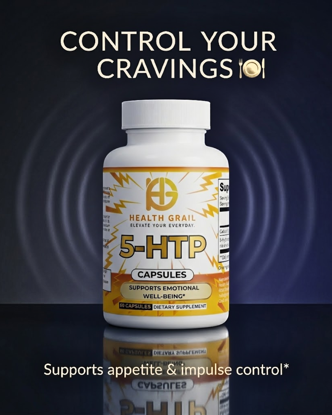 Supplement bottle labeled '5-HTP' with promotional text on a dark background