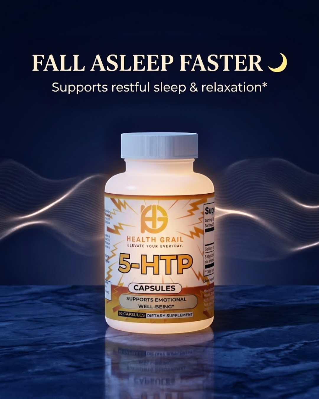 Health Grail 5-HTP supplement bottle on a blue background with text about sleep and relaxation.