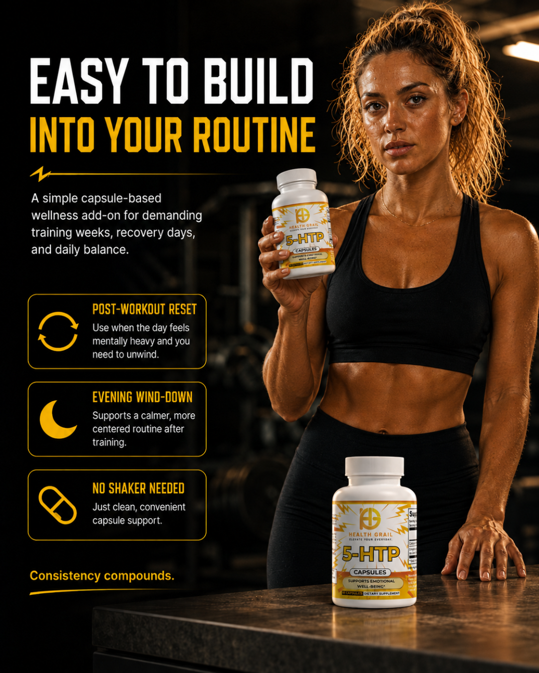 Woman holding a supplement bottle with text about S-HTTP capsules on a dark background