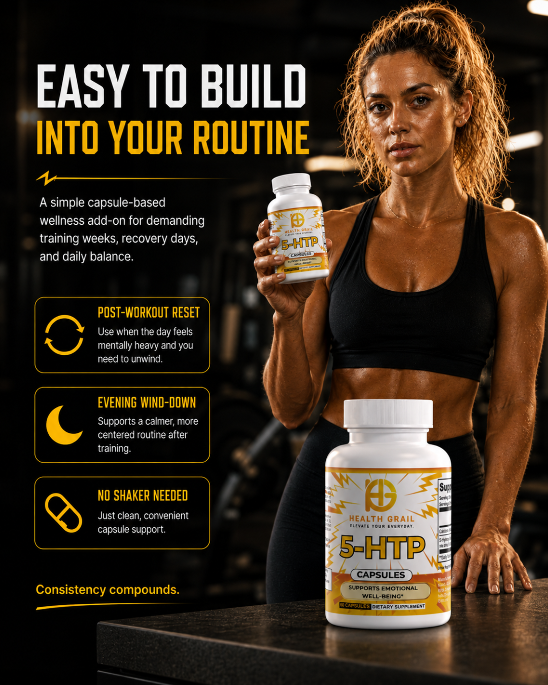 Health-Grail 5-HTP capsule routine for post-workout reset and evening wind-down