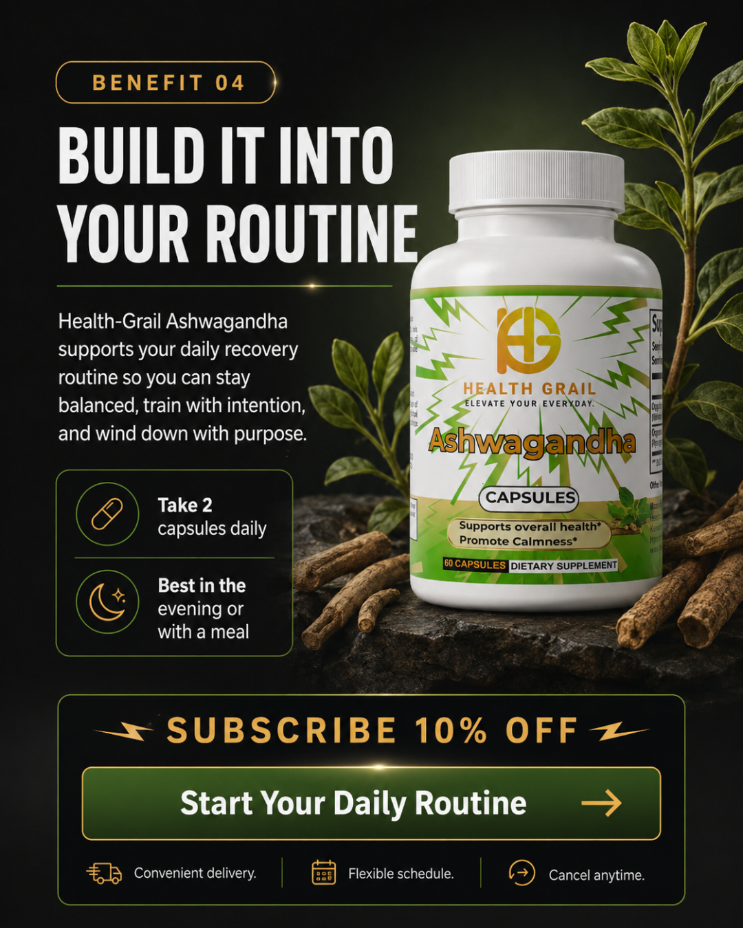 Health-Grail Ashwagandha supplement bottle with promotional text on a dark background