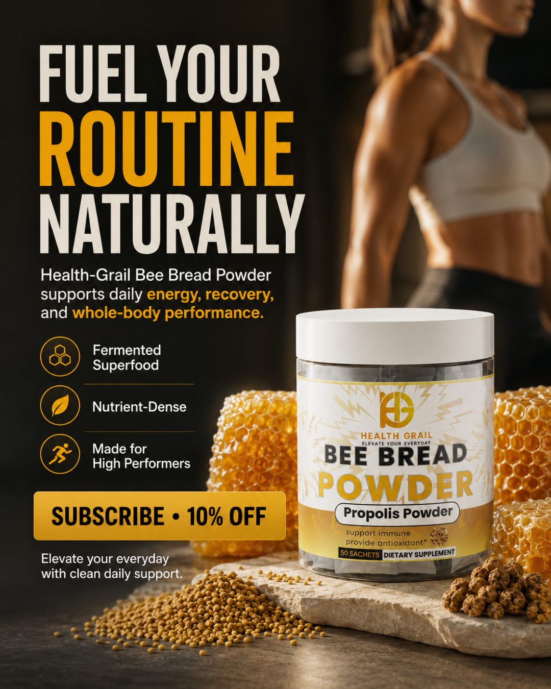 Advertisement for Health Grail Bee Bread Powder with promotional text and product display.