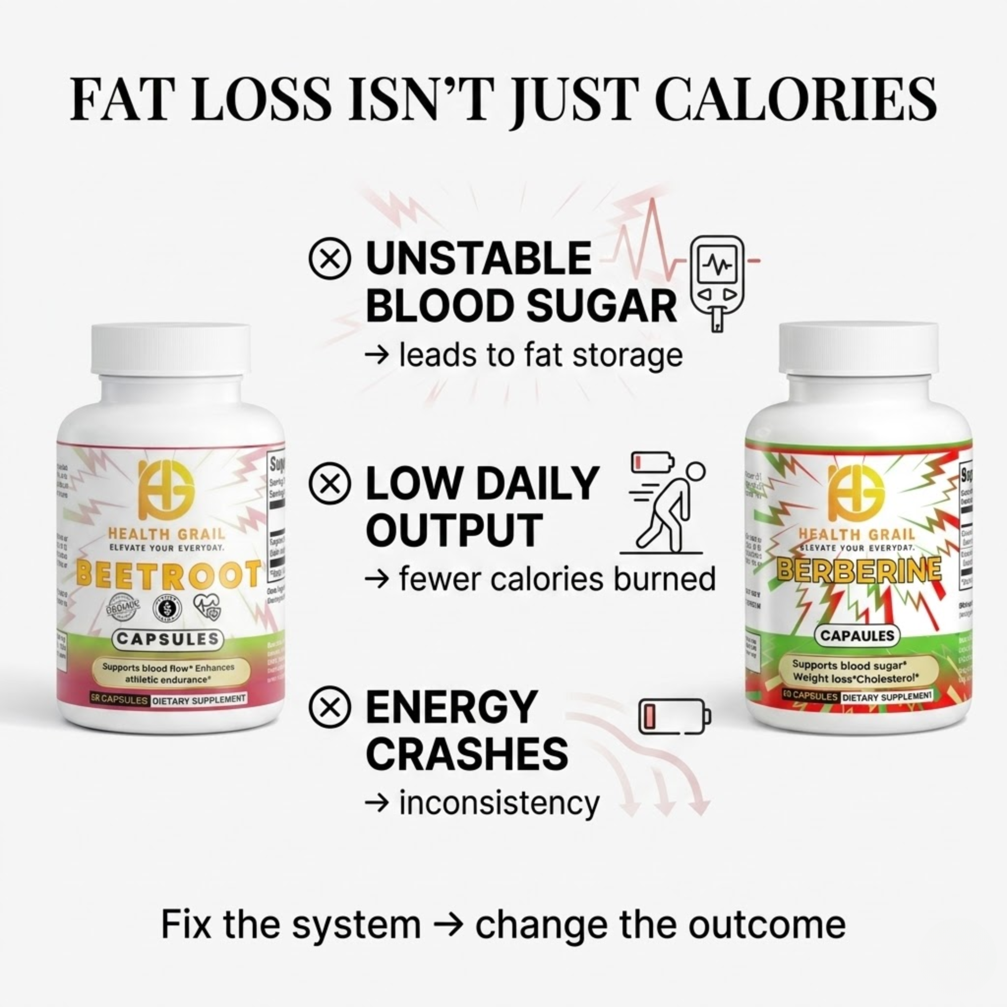 Two supplement bottles labeled 'Beetroot' and 'Berberine' with text about fat loss, blood sugar, and energy.