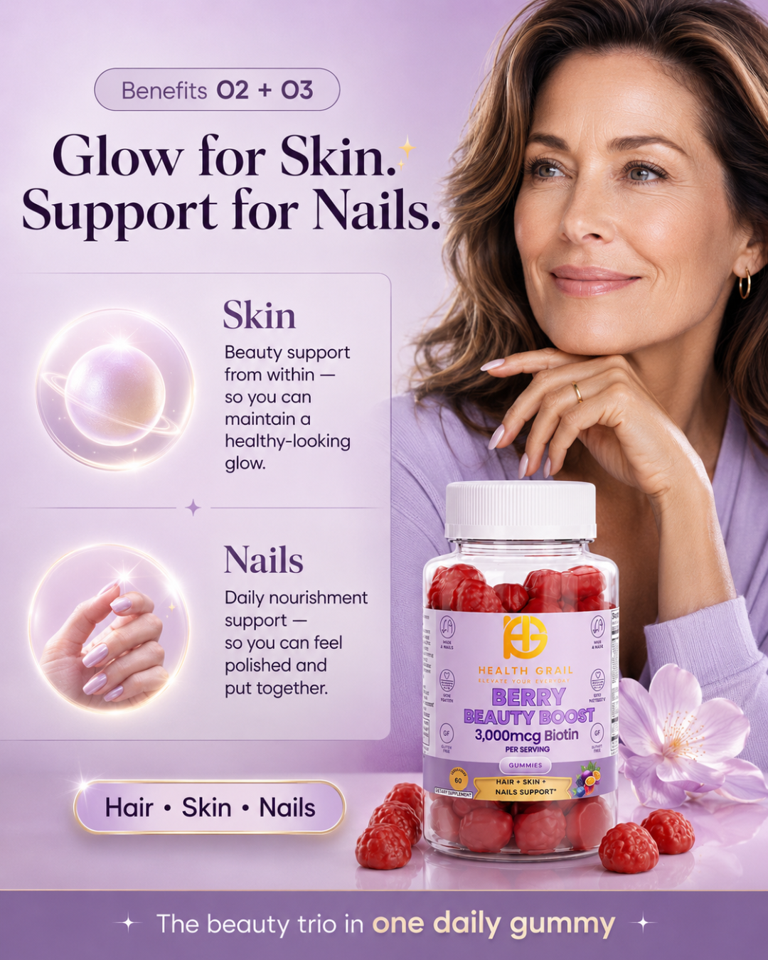 Advertisement for Berry Beauty Boost gummies with a woman and product on a purple background