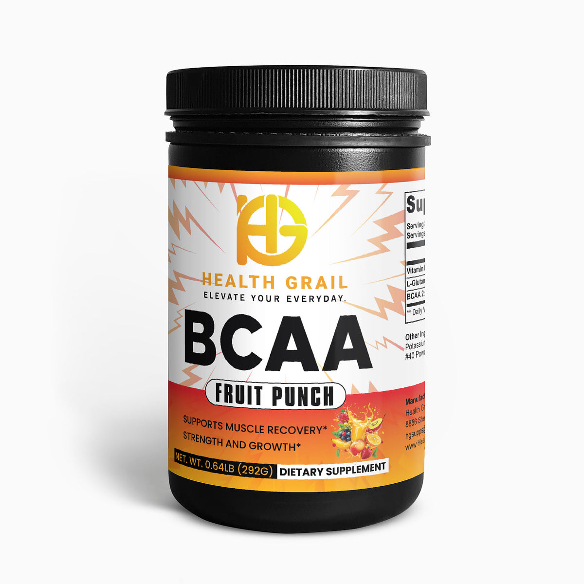 Health Grail BCAA Fruit Punch supplement container on a white background