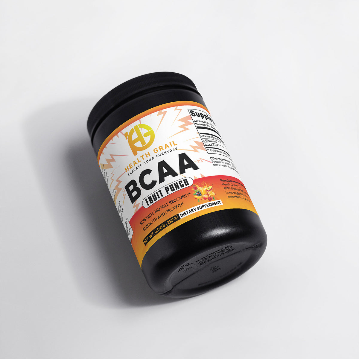 Black container of BCAA powder with colorful label on a white background