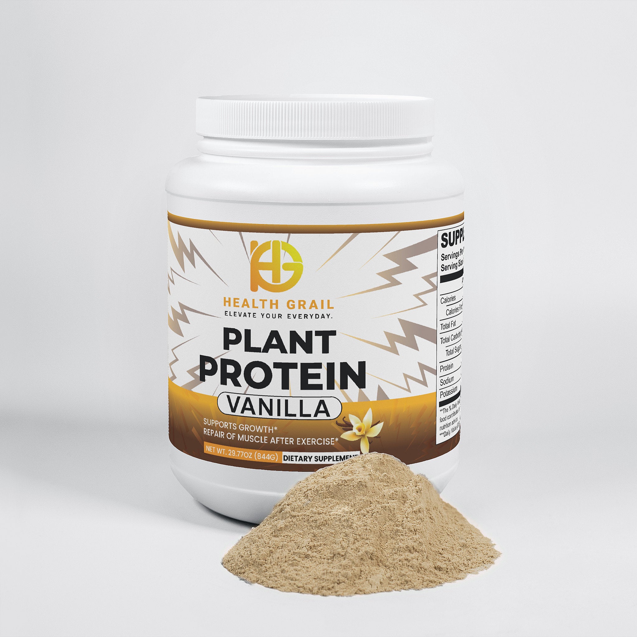 Health Grill Plant Protein Vanilla powder container with a scoop of protein powder on a white background