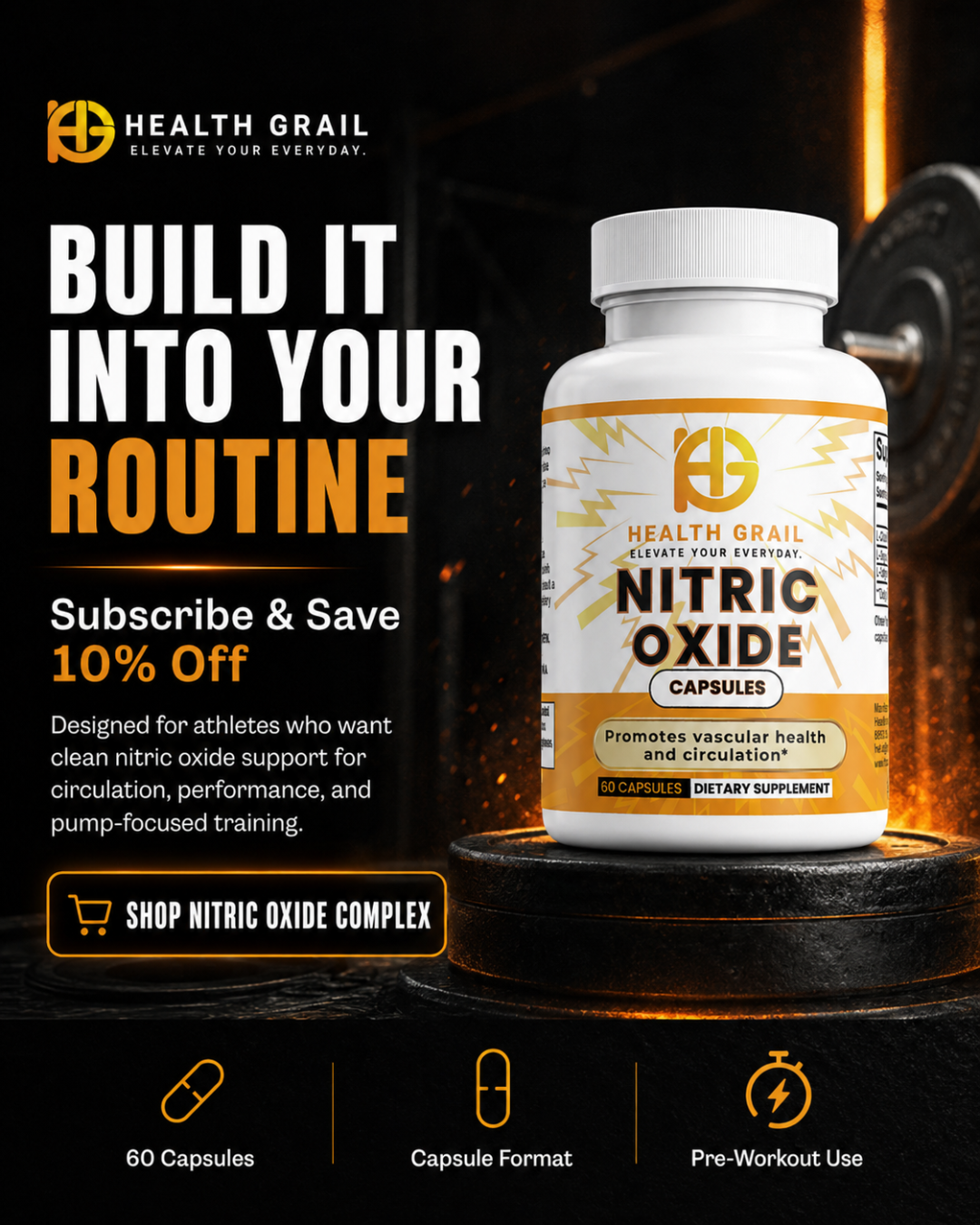 Health Grail Nitric Oxide supplement bottle with promotional text on a dark background