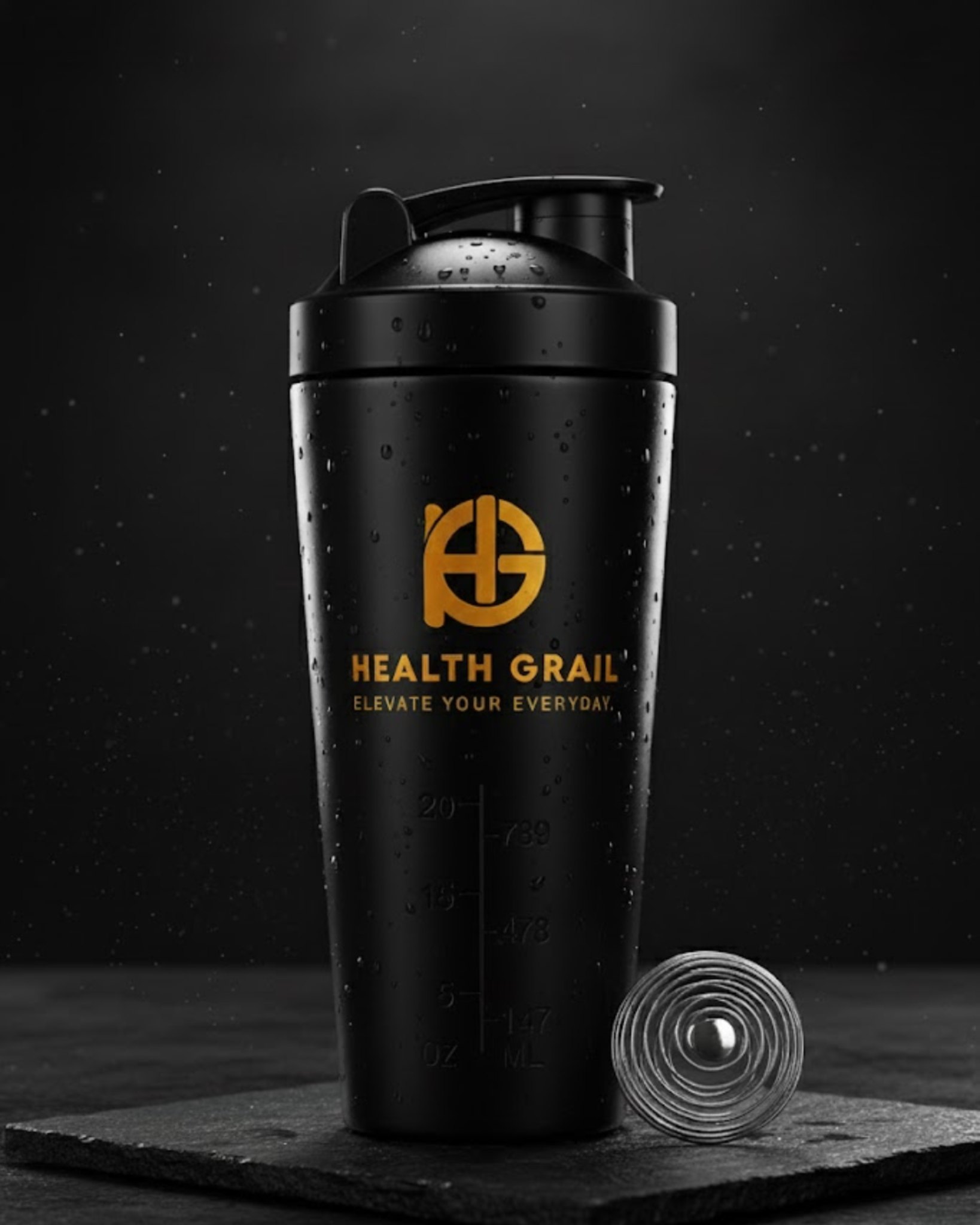 Black shaker bottle with Health Grail logo on a dark background