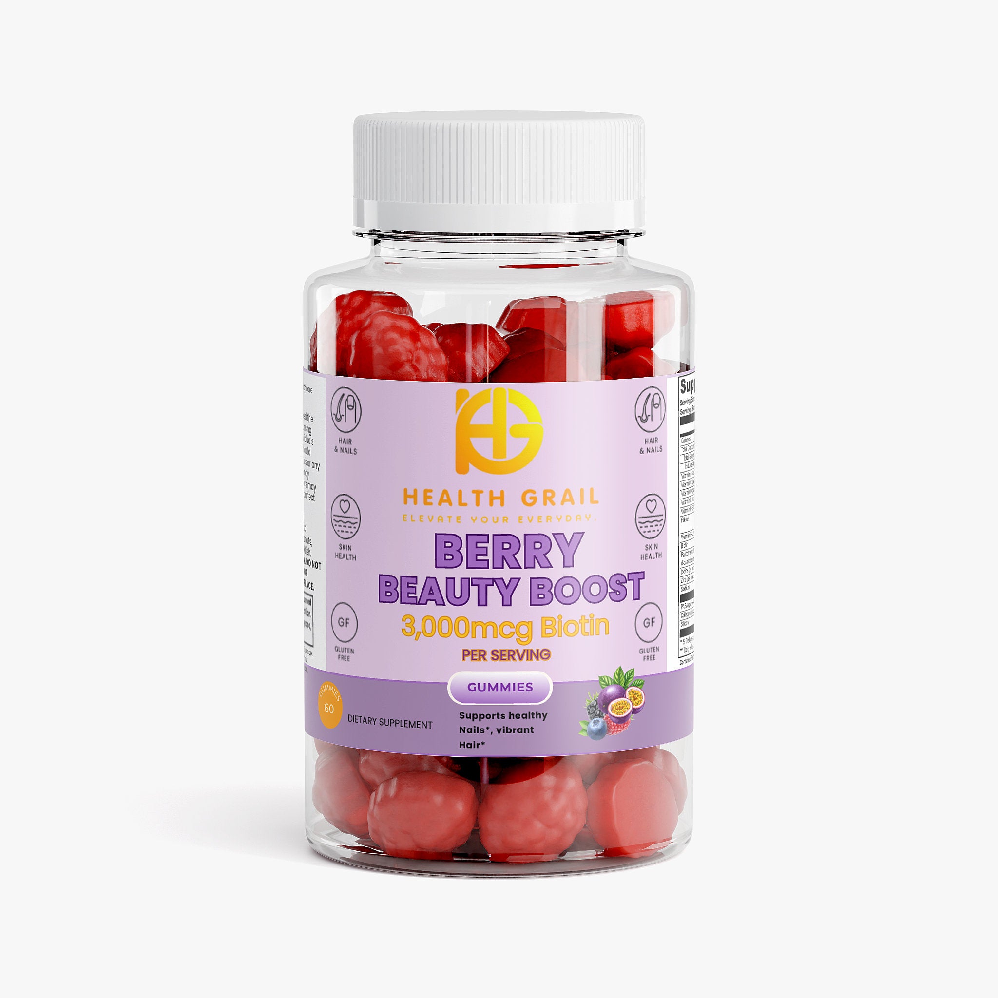 Bottle of Health Grail Berry Beauty Boost gummies on a white background