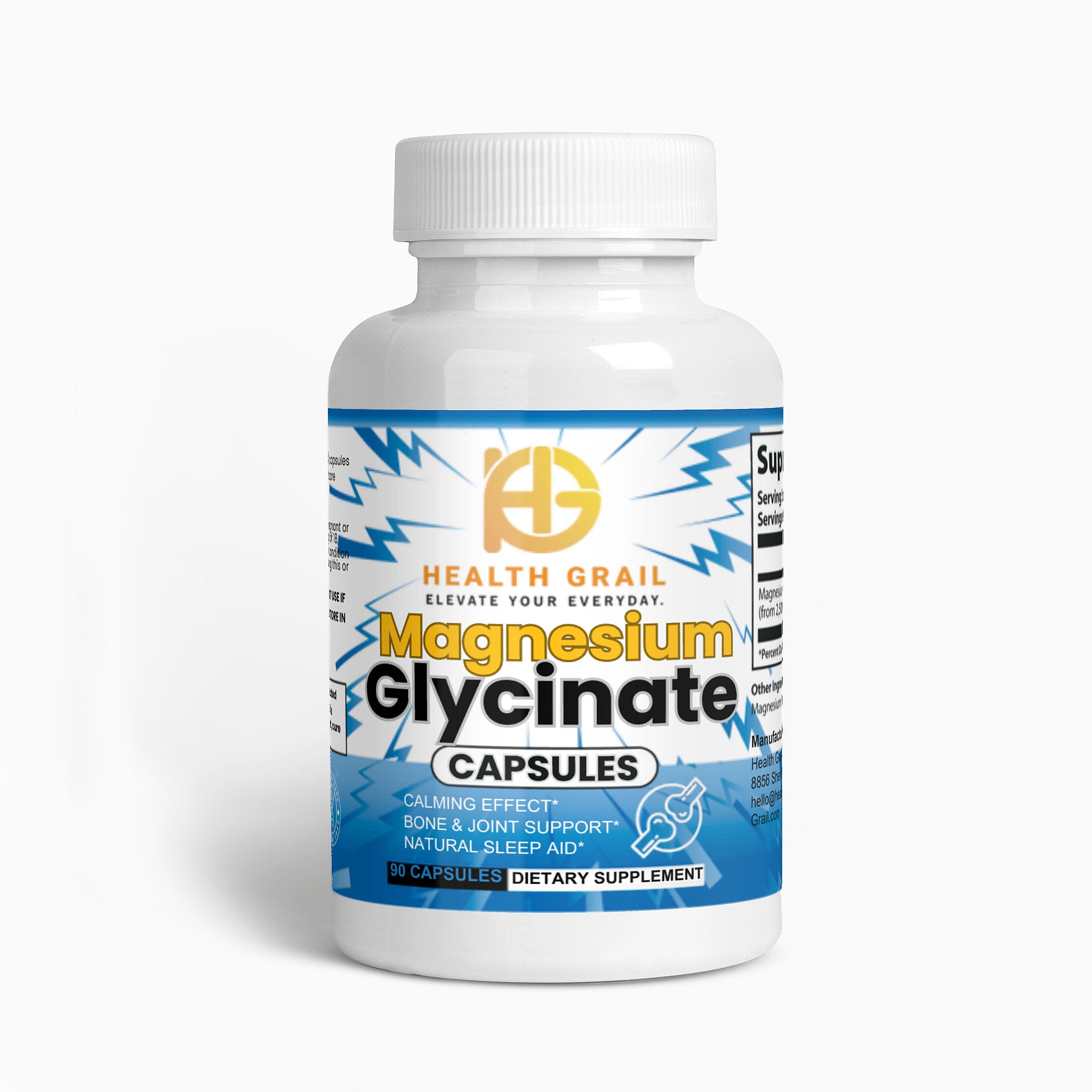 Bottle of Health Grail Magnesium Glycinate Capsules on a white background