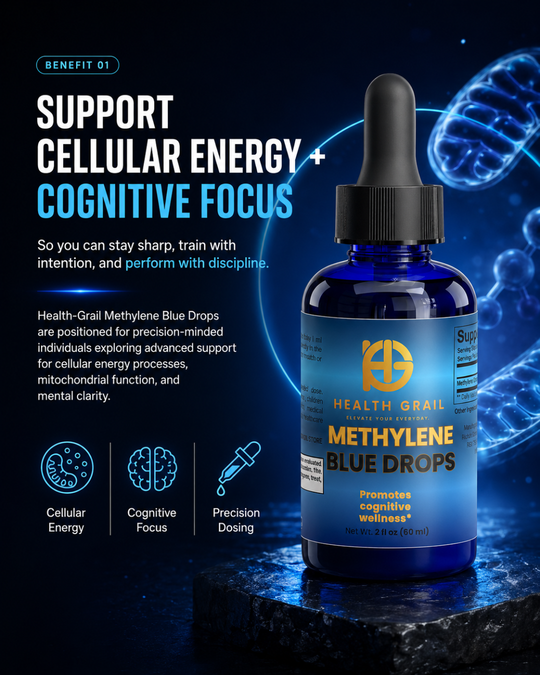 Bottle of Health Grail Methylene Blue Drops with text about cellular energy and cognitive focus on a dark background.