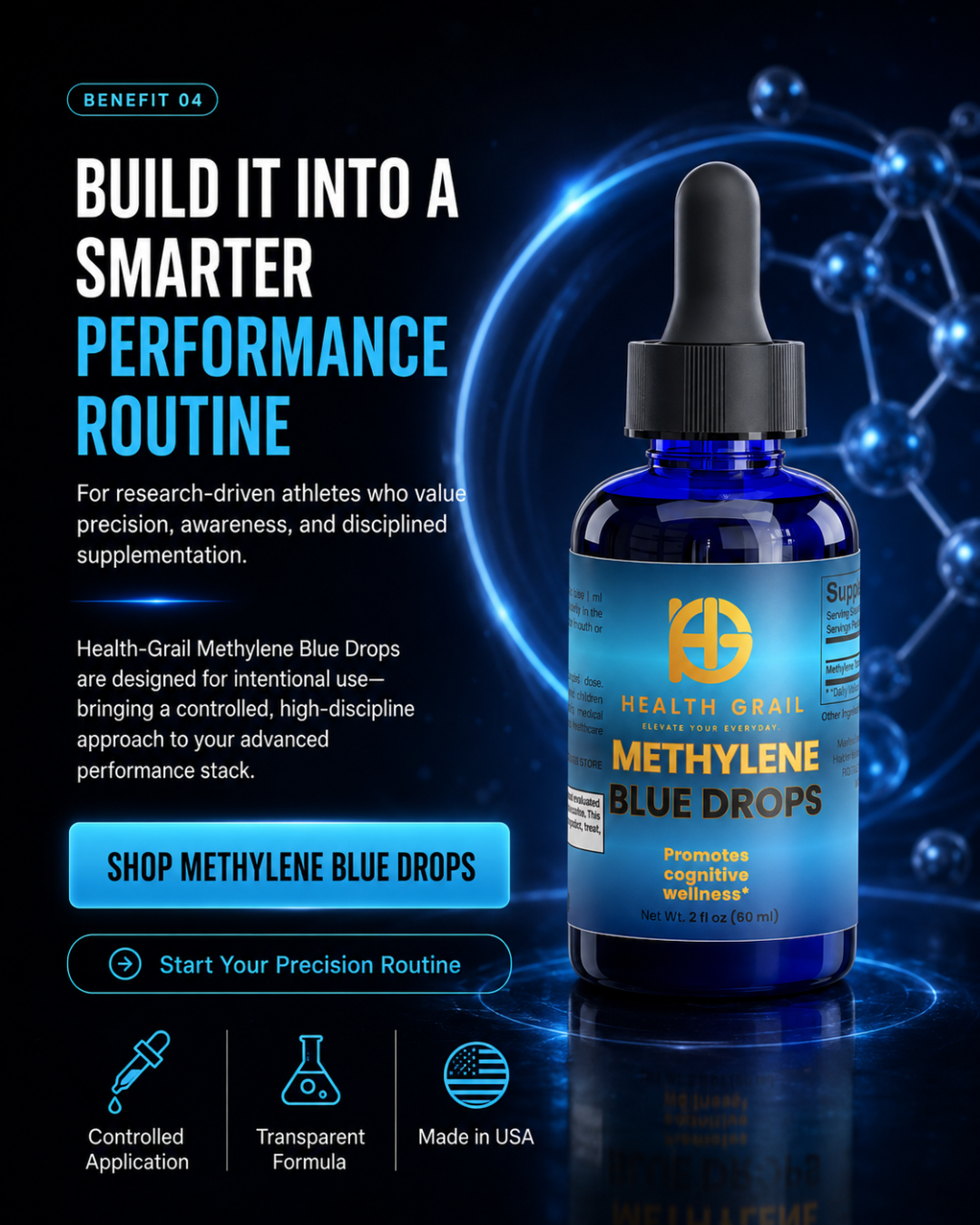 Bottle of Health Grail Methylene Blue Drops with promotional text on a dark background