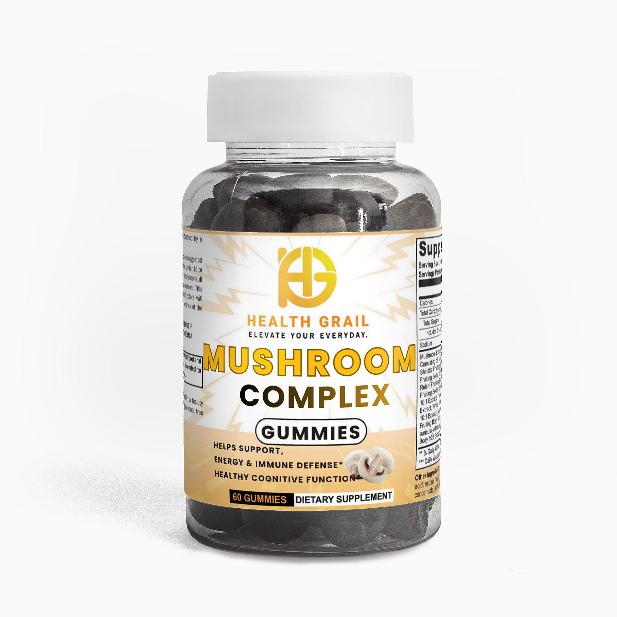 Bottle of Health Grail Mushroom Complex Gummies on a white background