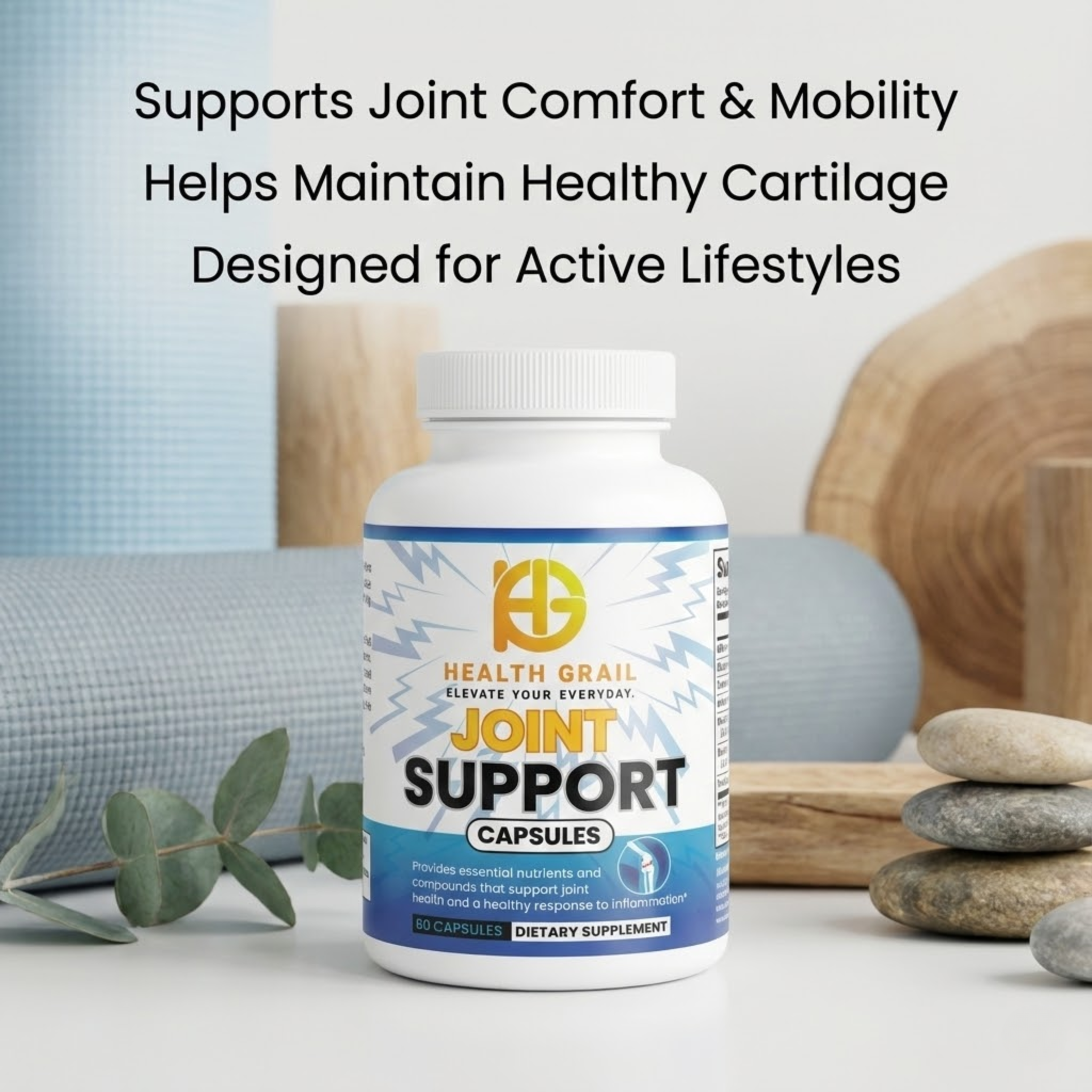 Bottle of Health Grain Joint Support Capsules with text about joint comfort and mobility on a blurred background.
