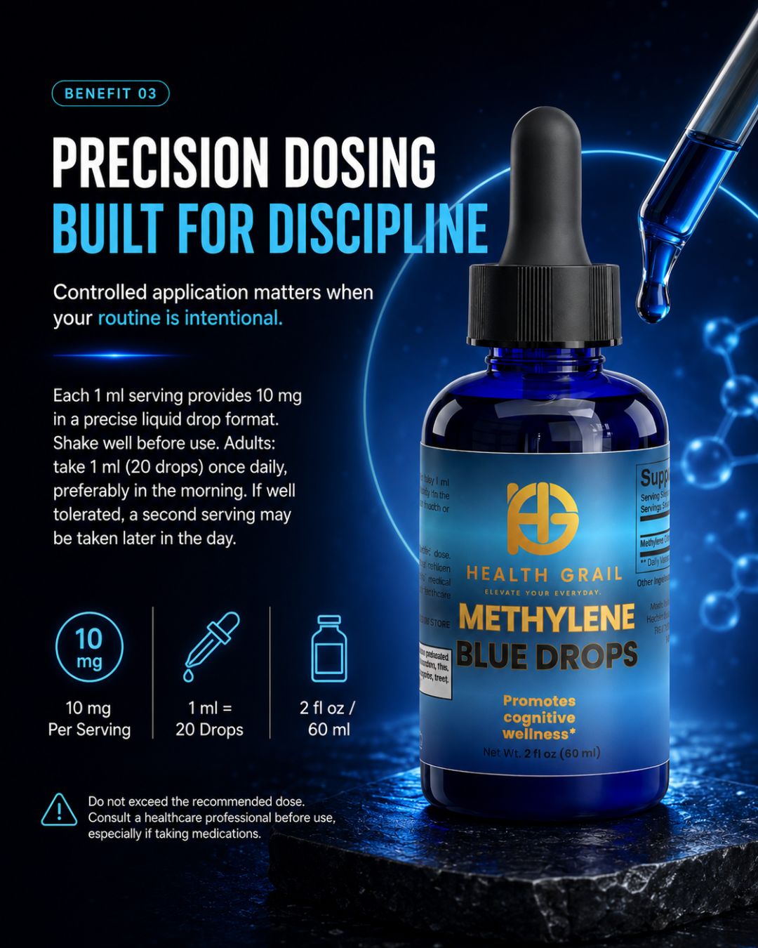 Bottle of Health Grail Methylene Blue Drops with dropper on a dark background
