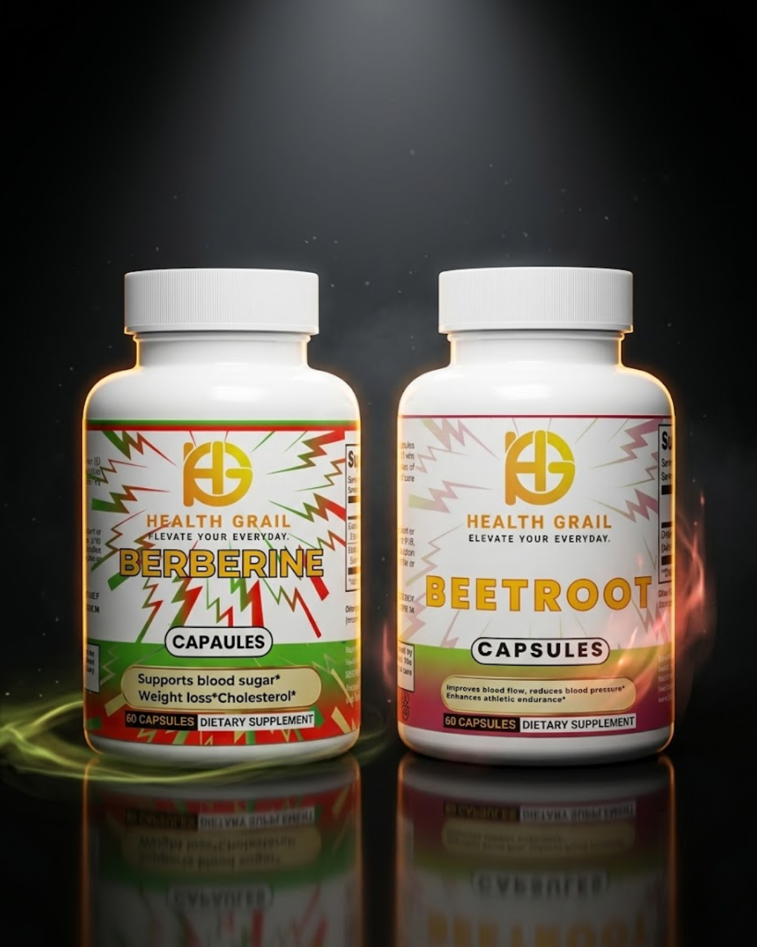 Two Health Grail supplement bottles, one labeled 'Berberine' and the other 'Beetroot', on a reflective surface with a dark background.