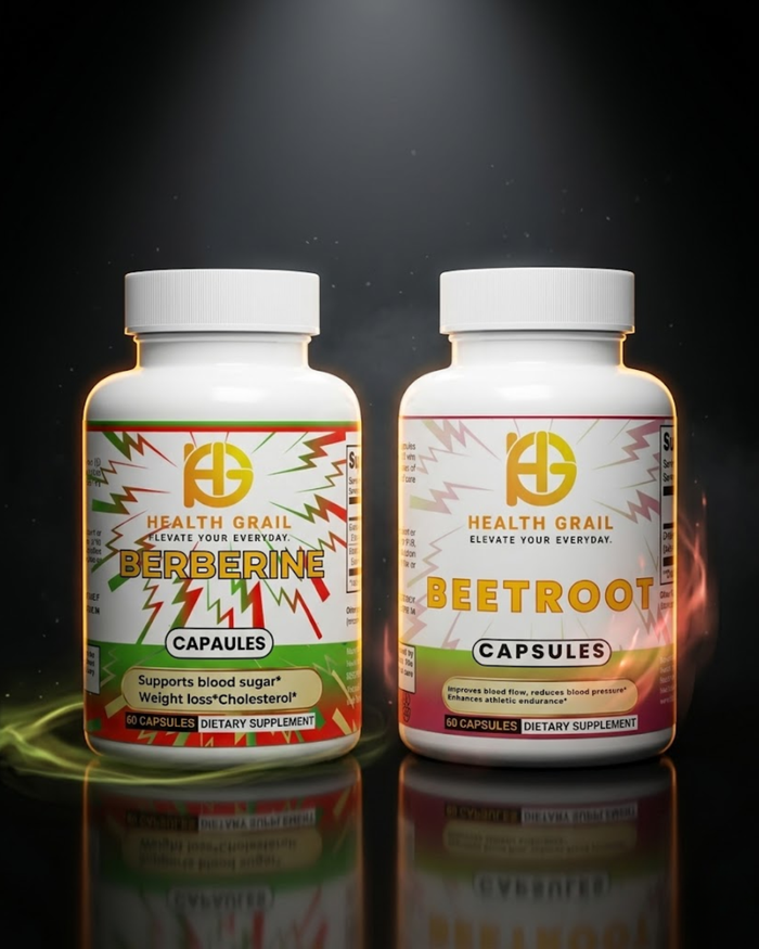Two Health Grail supplement bottles, one labeled 'Berberine' and the other 'Beetroot', on a reflective surface with a dark background.