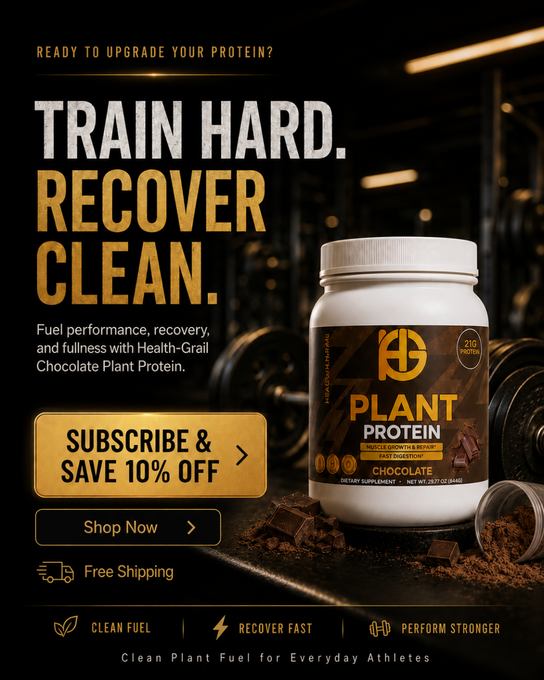 Health-Grain Plant Protein supplement container with promotional text in a gym setting