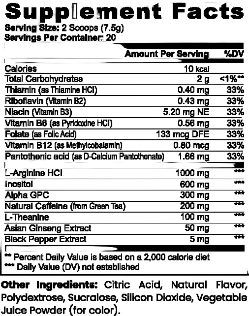 Supplement facts label with various vitamins and minerals listed