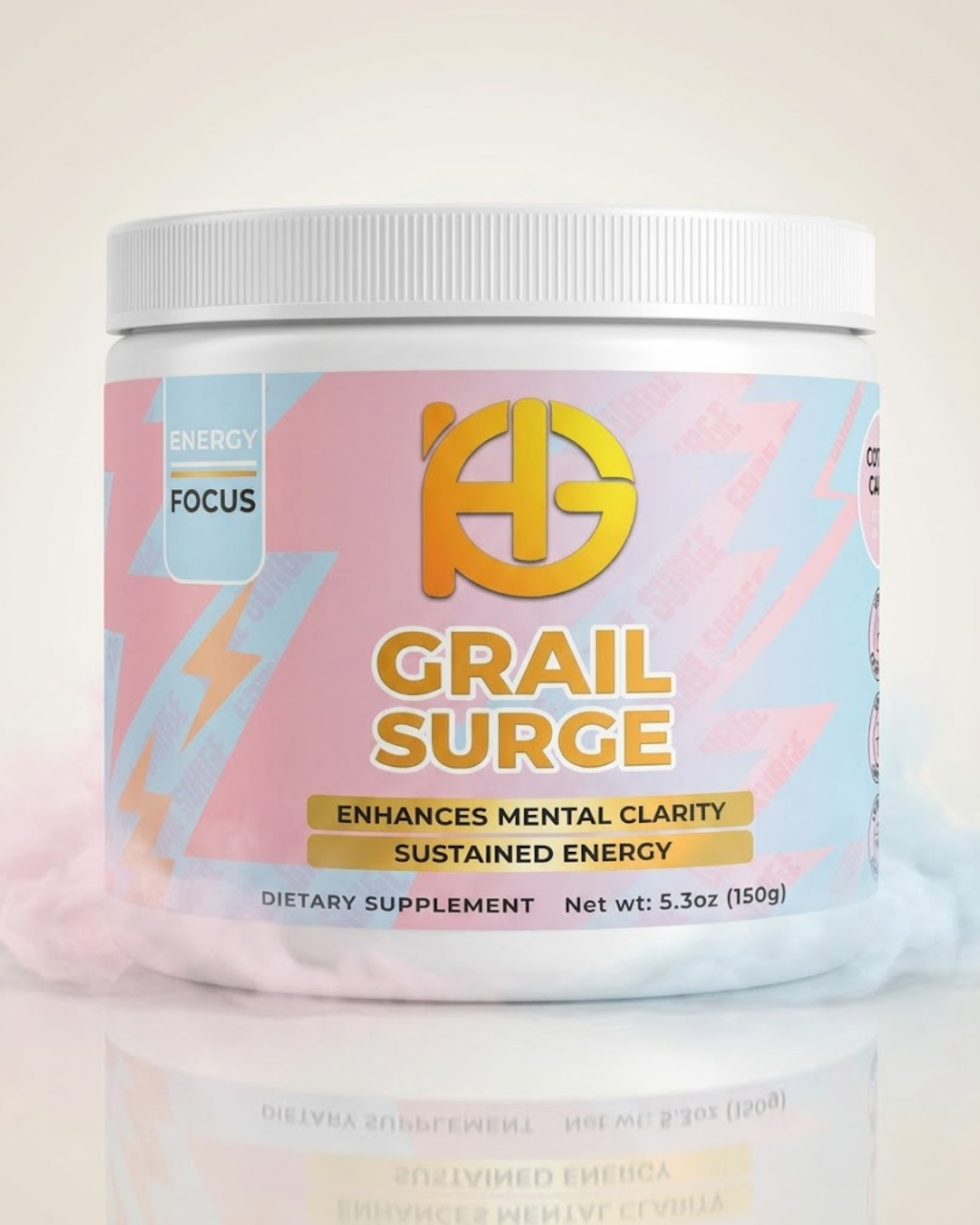 Supplement container labeled 'Grail Surge' on a light background