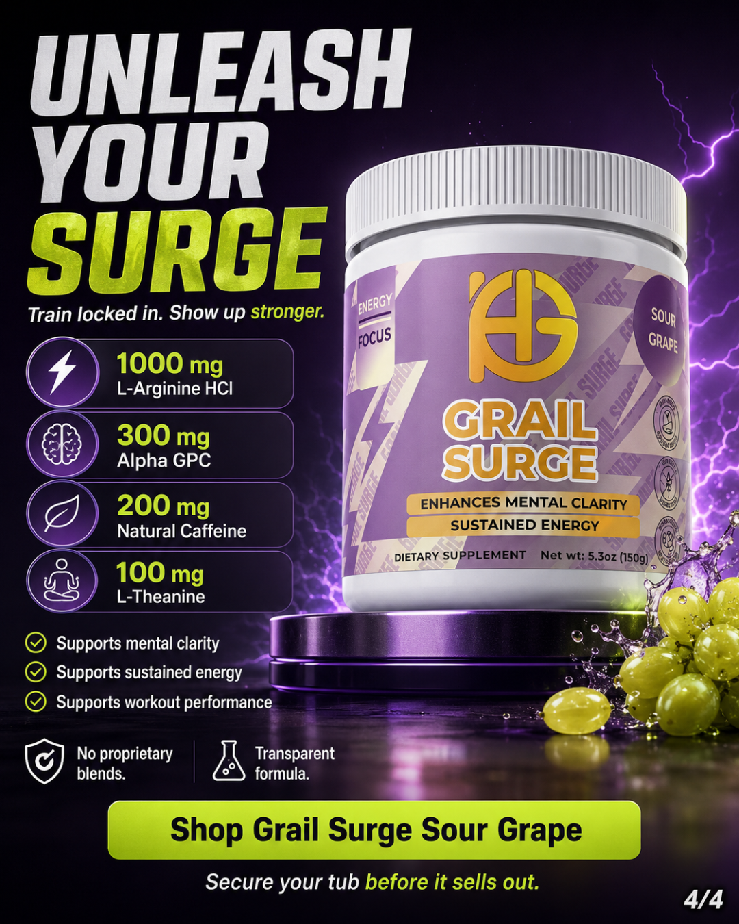 Supplement container labeled 'Grail Surge' with purple and yellow design on a dark background.