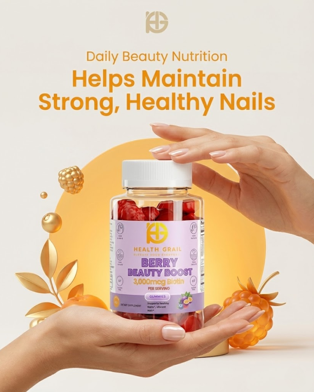 Hand holding a bottle of 'Berry Beauty Boost' supplement with a decorative background