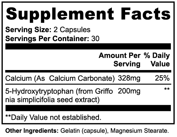 Health-Grail 5-HTP Supplement Facts showing 200 milligrams of 5-HTP and 328 milligrams of calcium