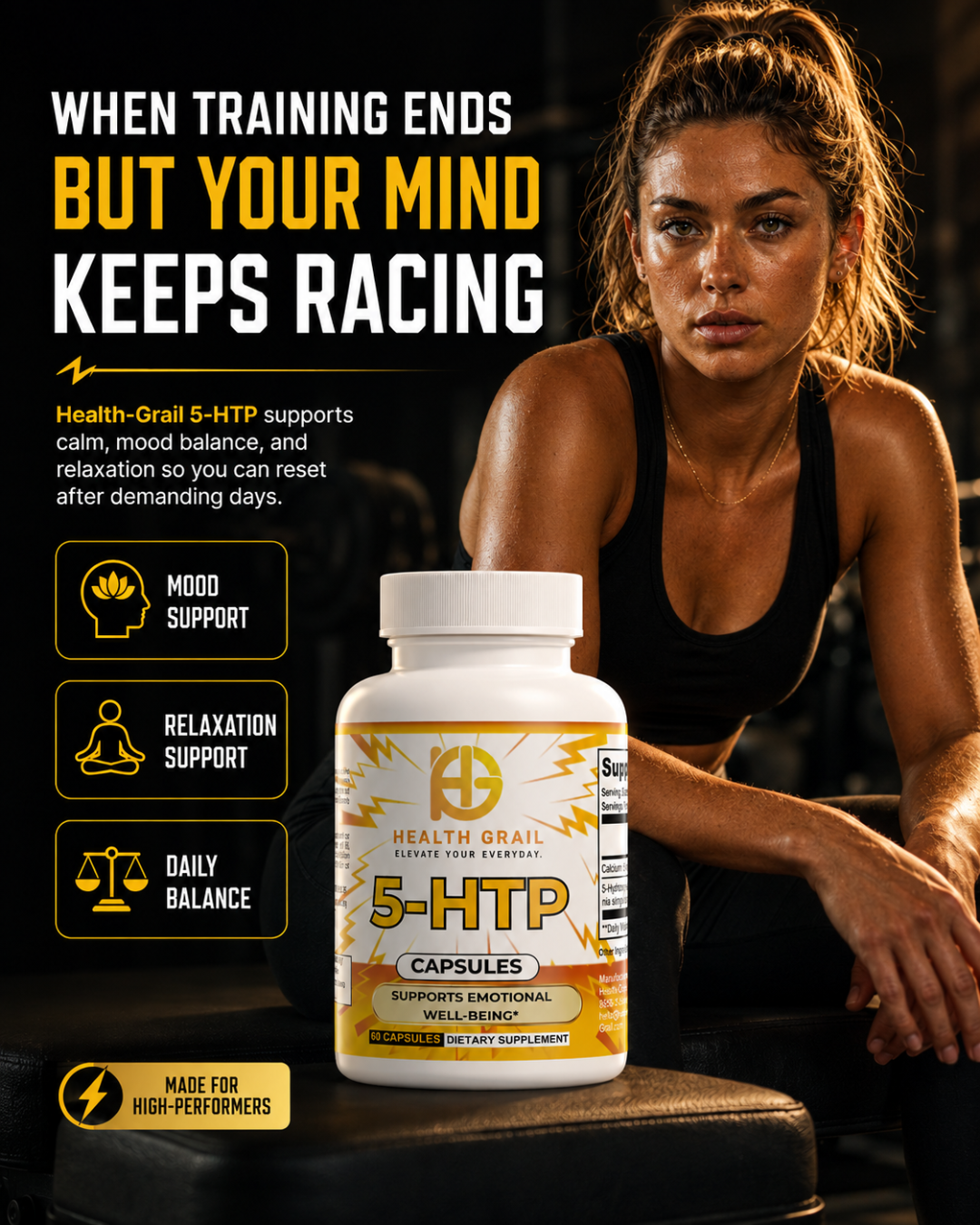 Woman sitting on a bench with a supplement bottle labeled '5-HTP' in front of her, with promotional text about its benefits.