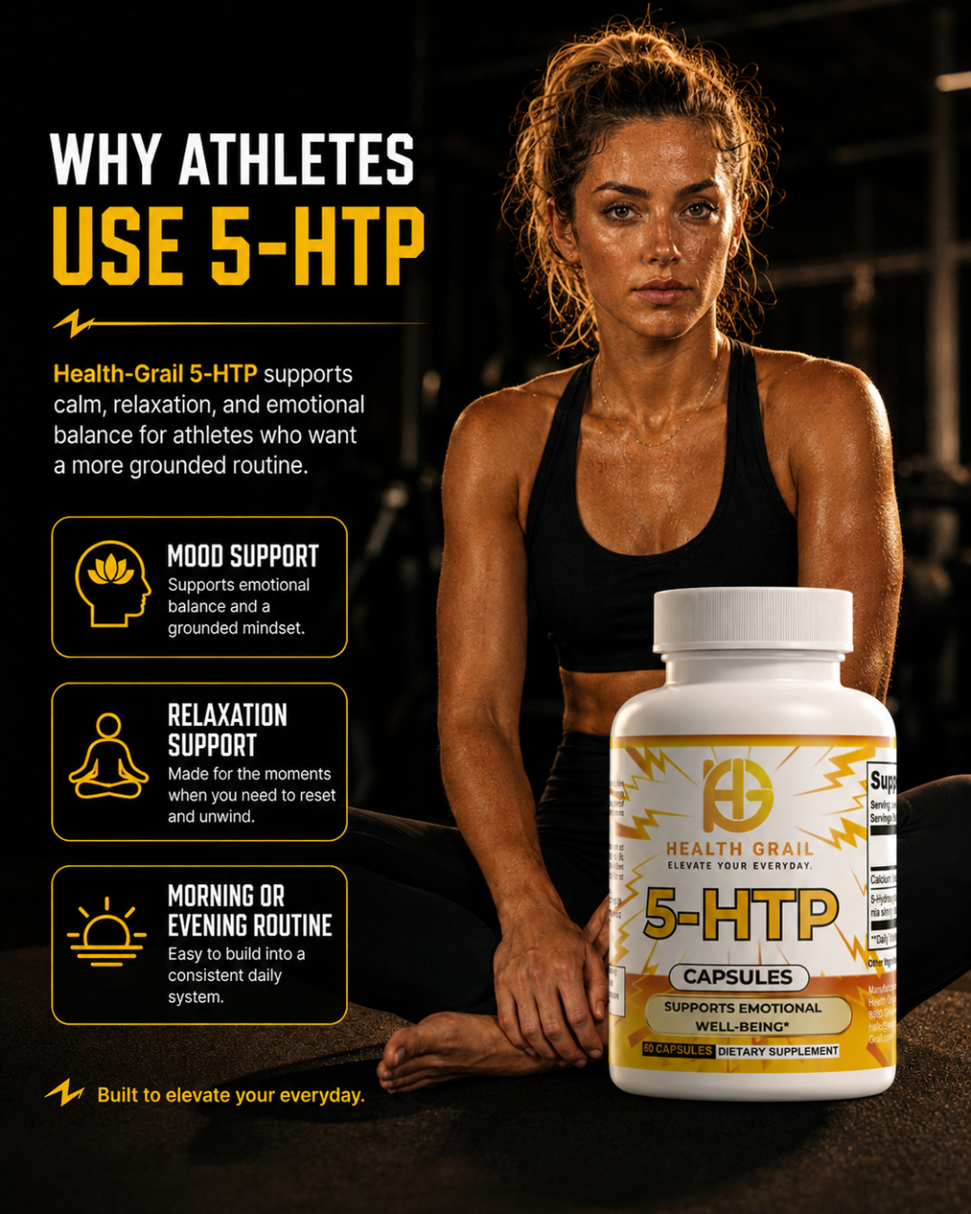 Woman in athletic wear with a supplement bottle labeled '5-HTP' on a dark background