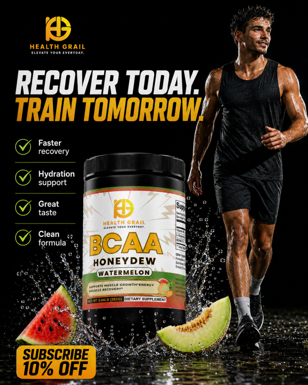 Health Grail BCAA supplement with a man running and watermelon slices on a dark background