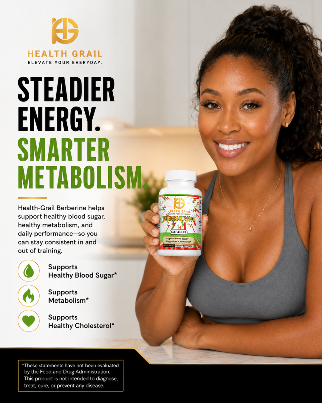 Woman holding a supplement bottle with Health Grail branding and product benefits text.