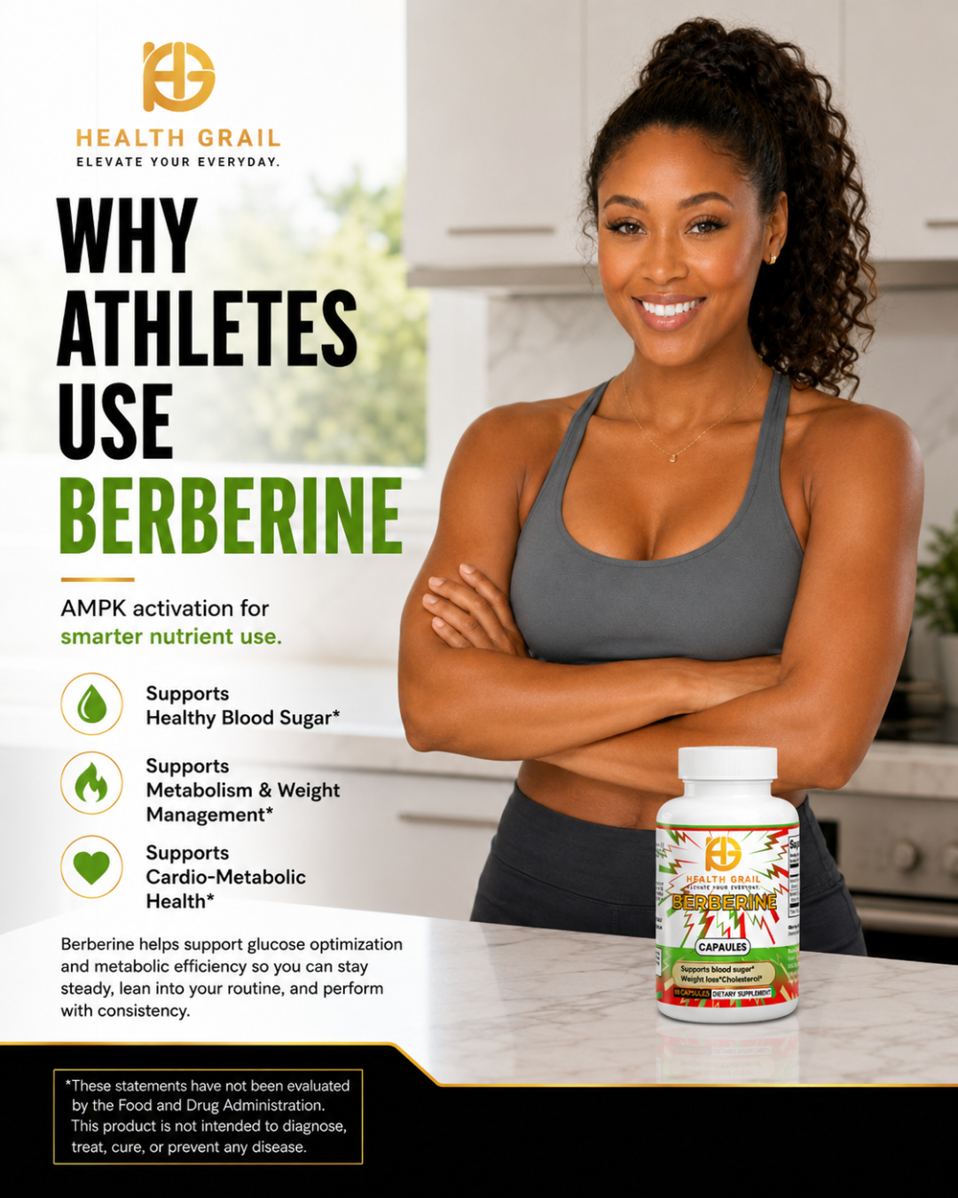 Woman in athletic wear standing next to a bottle of Health Grail berberine supplement in a kitchen setting.