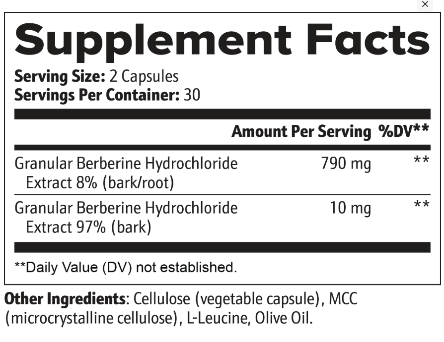 Supplement facts label with detailed nutritional information on a white background