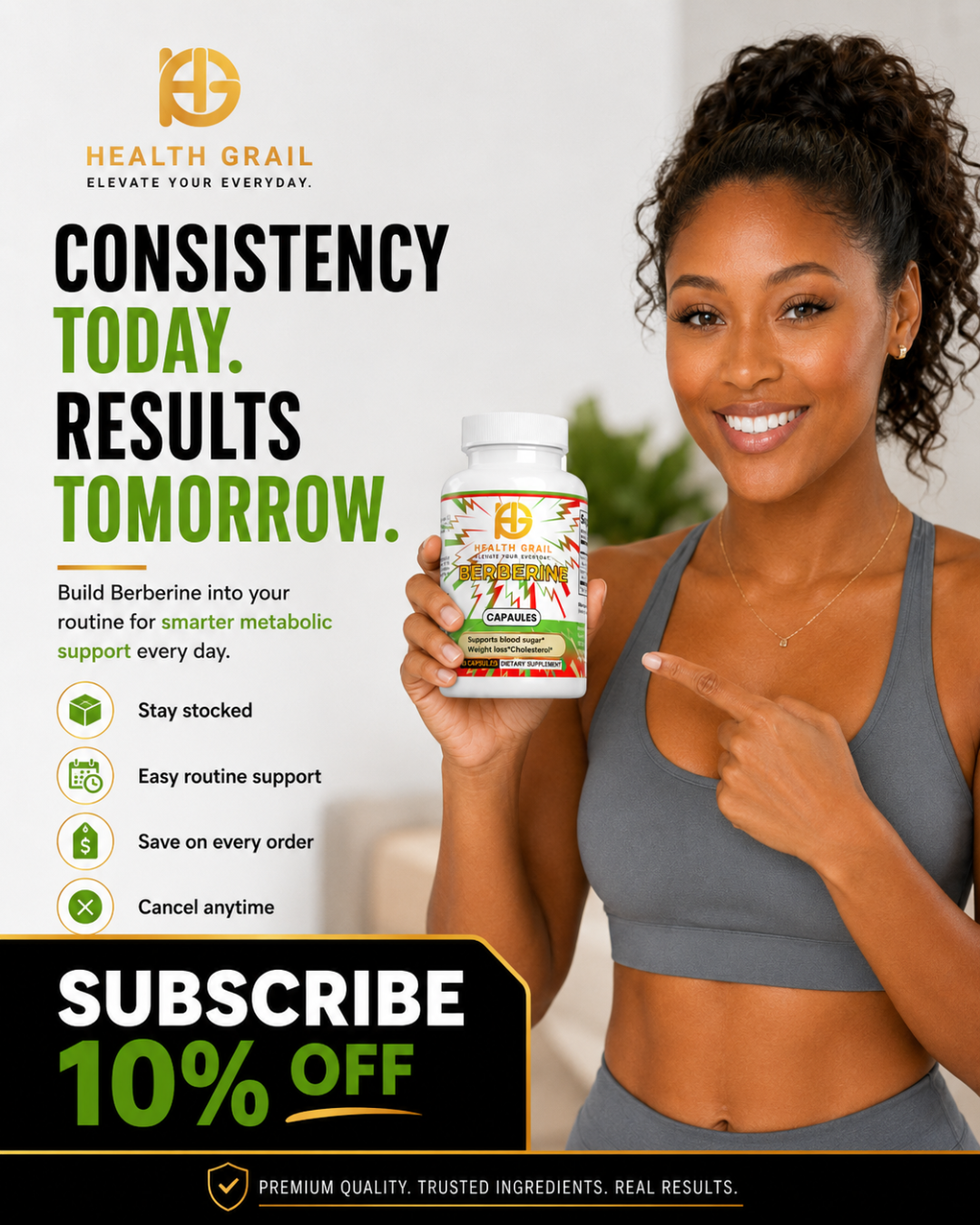 Woman holding a supplement bottle with promotional text for Health Grail supplements.