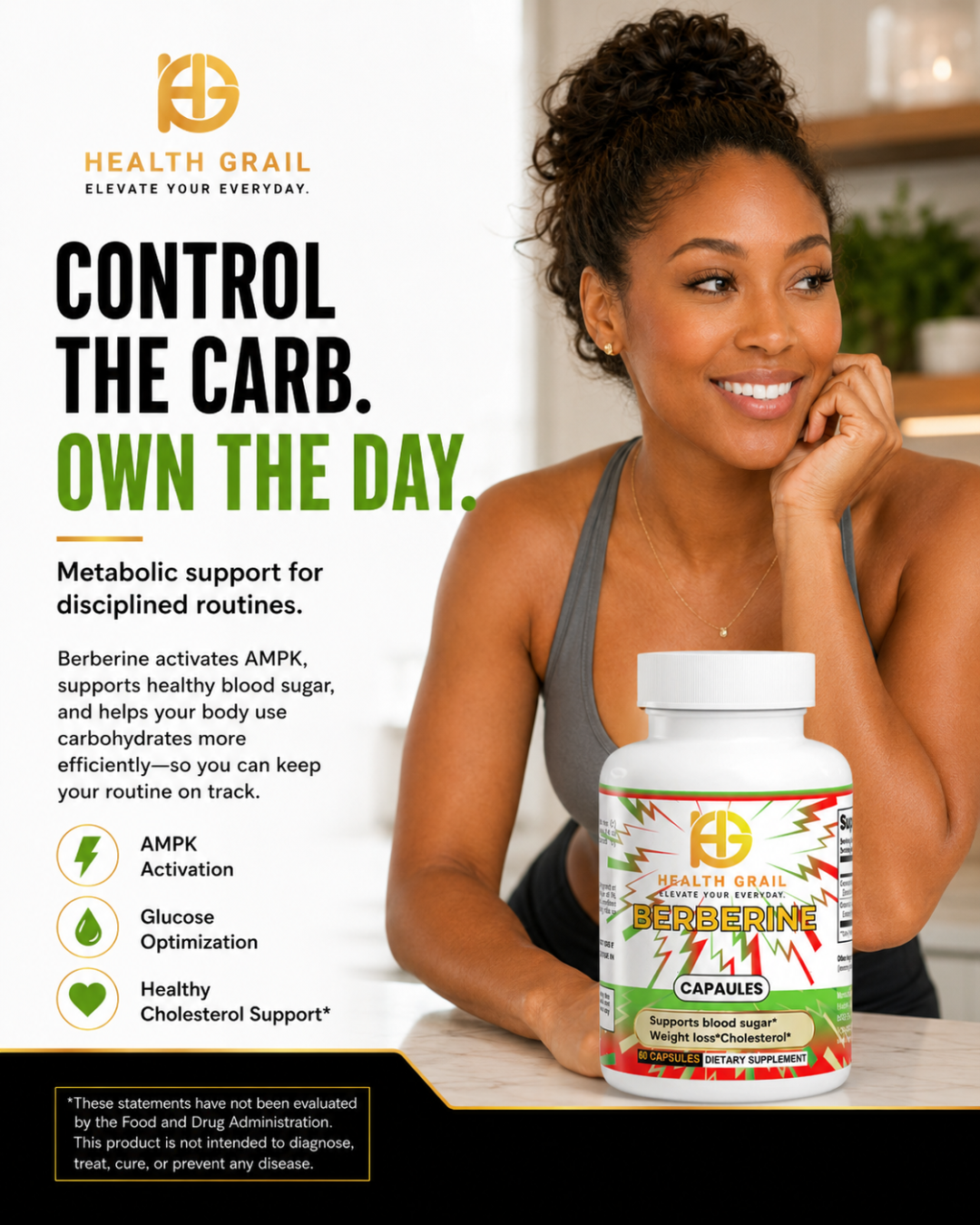 Advertisement for Health Grail Berberine capsules with a woman in a kitchen setting.