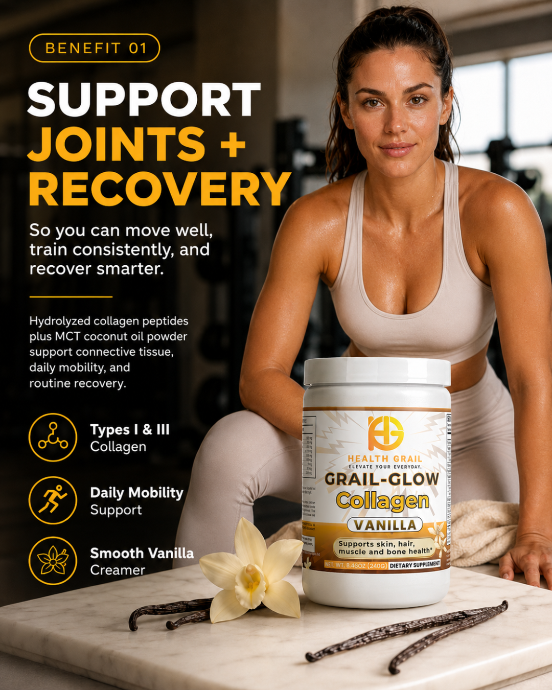 Woman sitting with a collagen supplement container, surrounded by vanilla beans and a flower, with text about joint support and recovery.