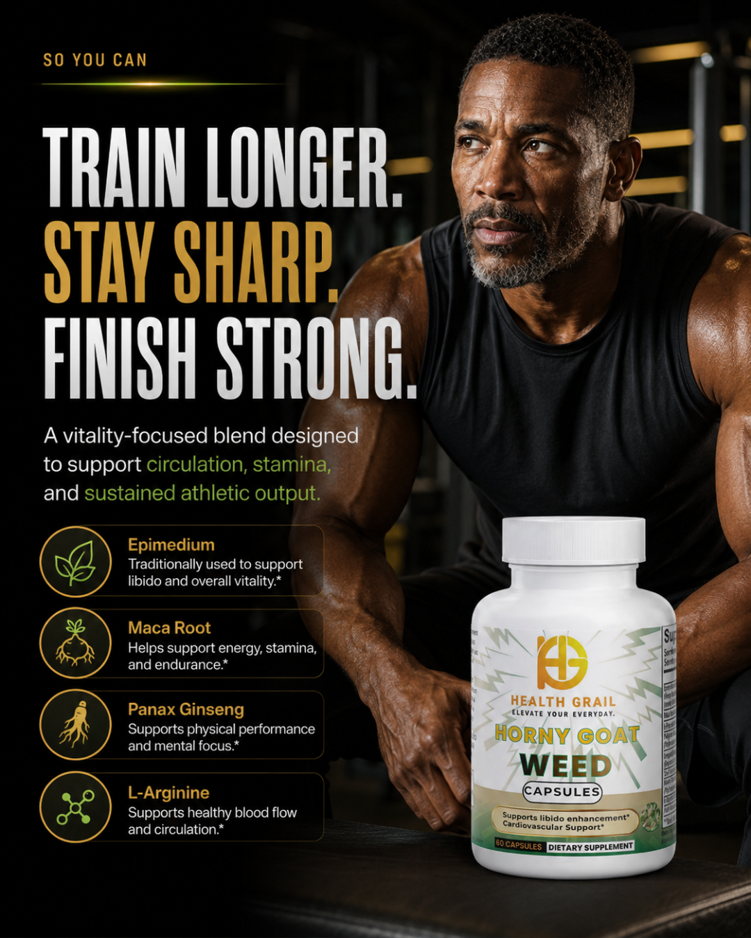Man in a gym setting with a supplement bottle labeled 'Horny Goat Weed' and promotional text.