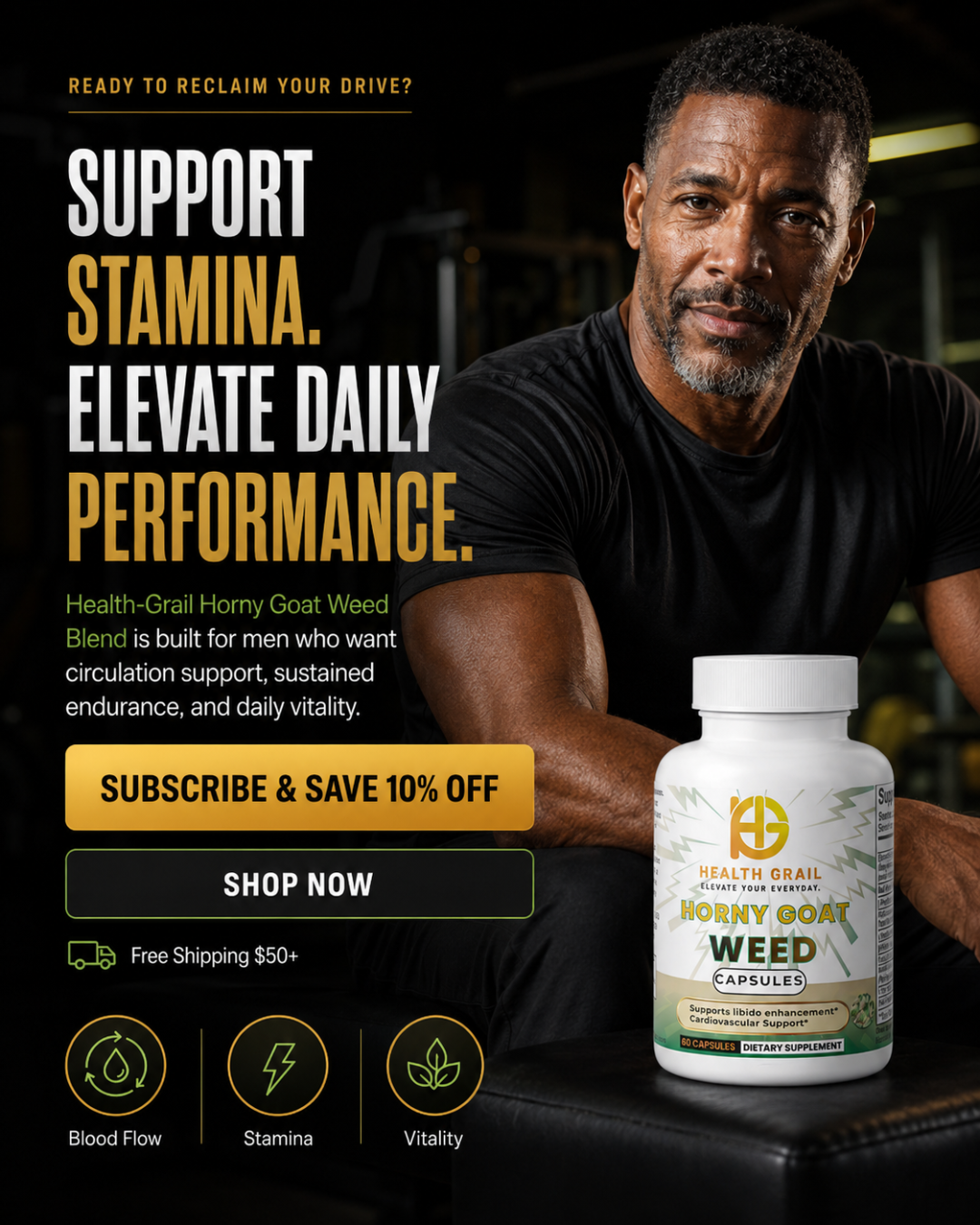 Advertisement for Health-Grail Horny goat weed supplement with a man in the background