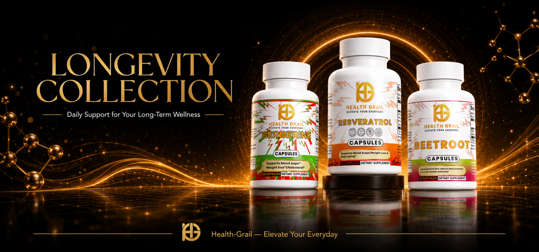 Three supplement bottles from Health-Grail's Longevity Collection displayed against a dark, glowing background with gold light effects and text reading 'LONGEVITY COLLECTION.'.