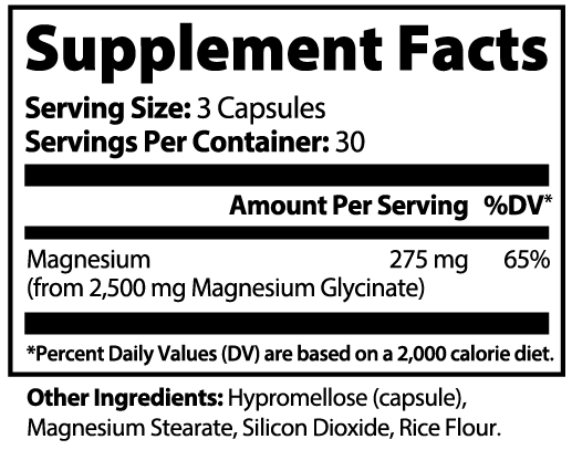 Health-Grail Magnesium Glycinate Supplement Facts showing 275 milligrams of magnesium per three capsules