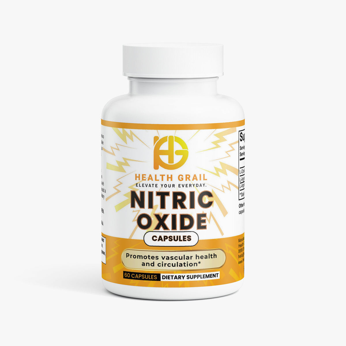 Supplement bottle labeled 'Nitric Oxide' by Health Grail on a white background