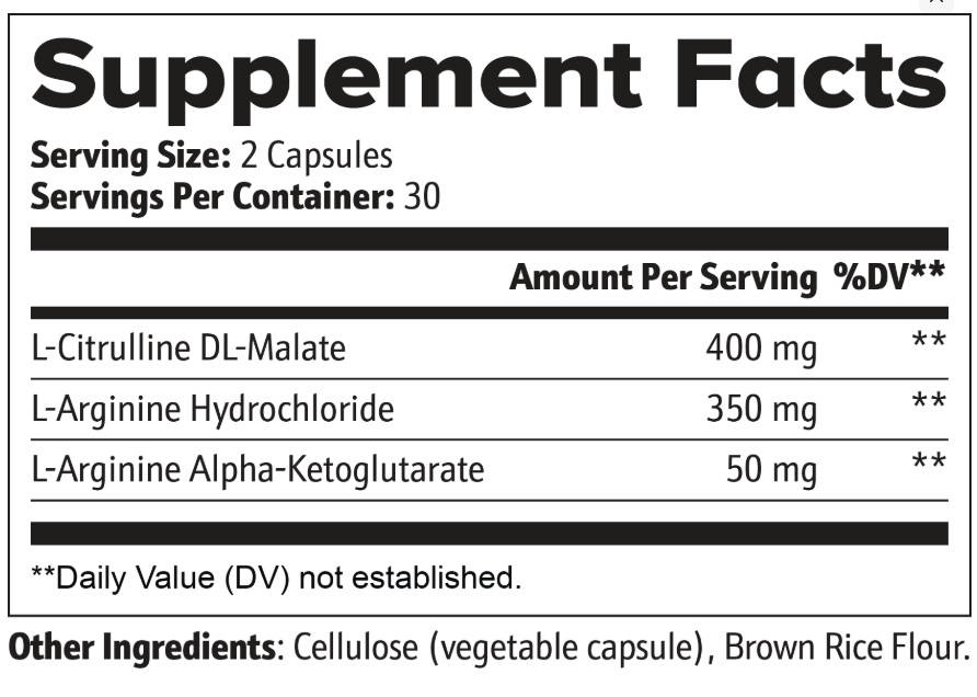 Supplement facts label with ingredients and serving sizes