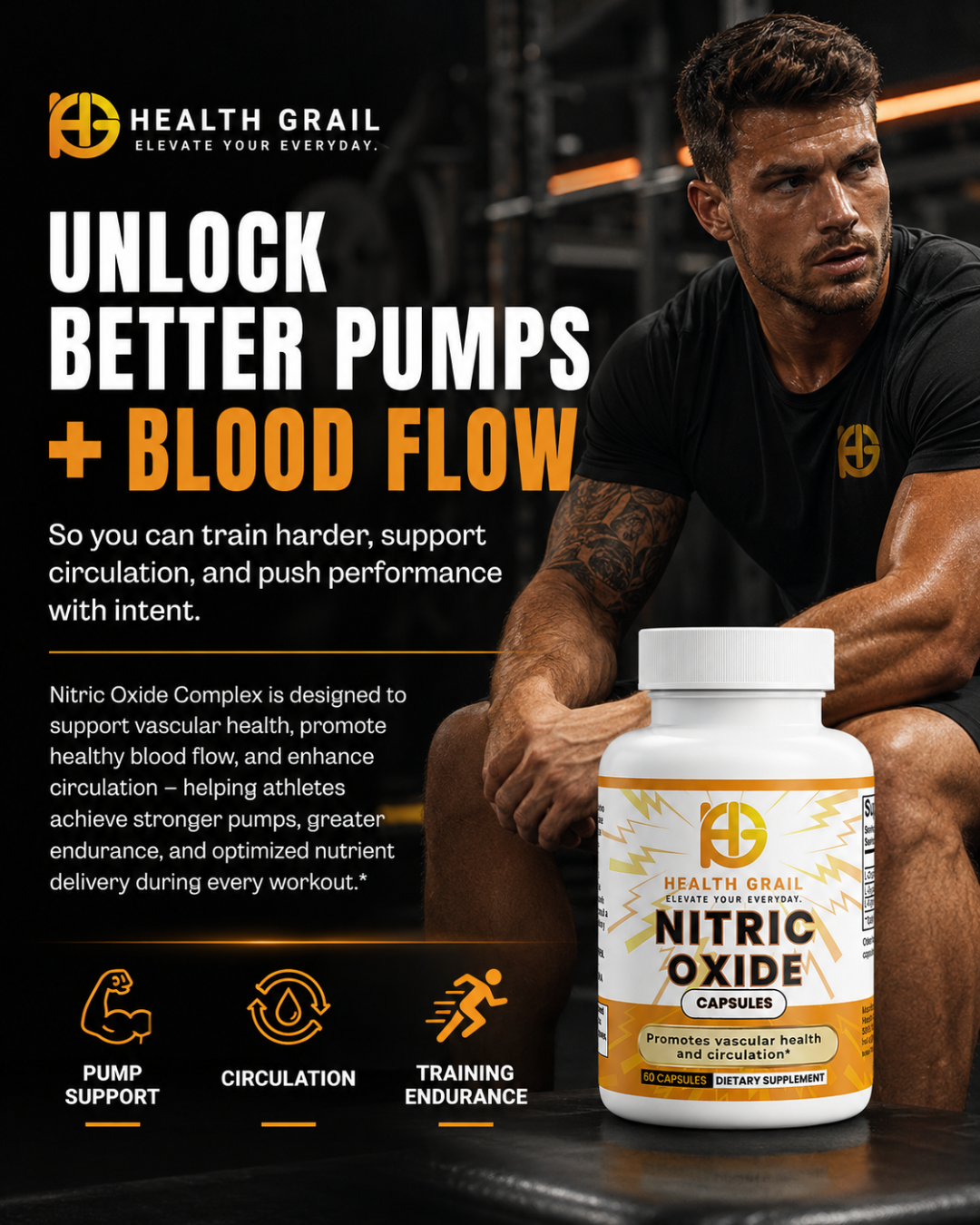 Advertisement for Health Grail Nitric Oxide supplement with a muscular man and product packaging.