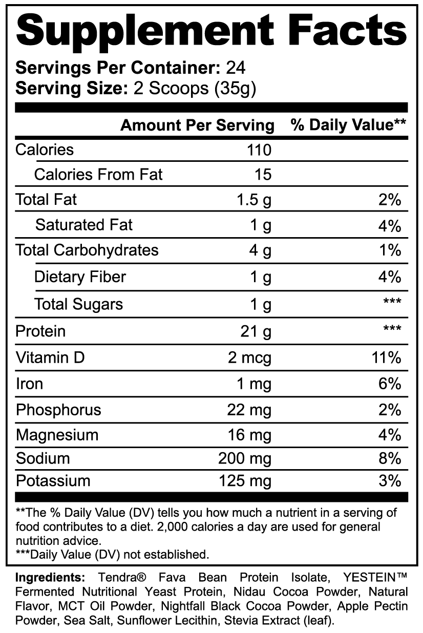 Health-Grail Chocolate Plant Protein Supplement Facts and ingredients label