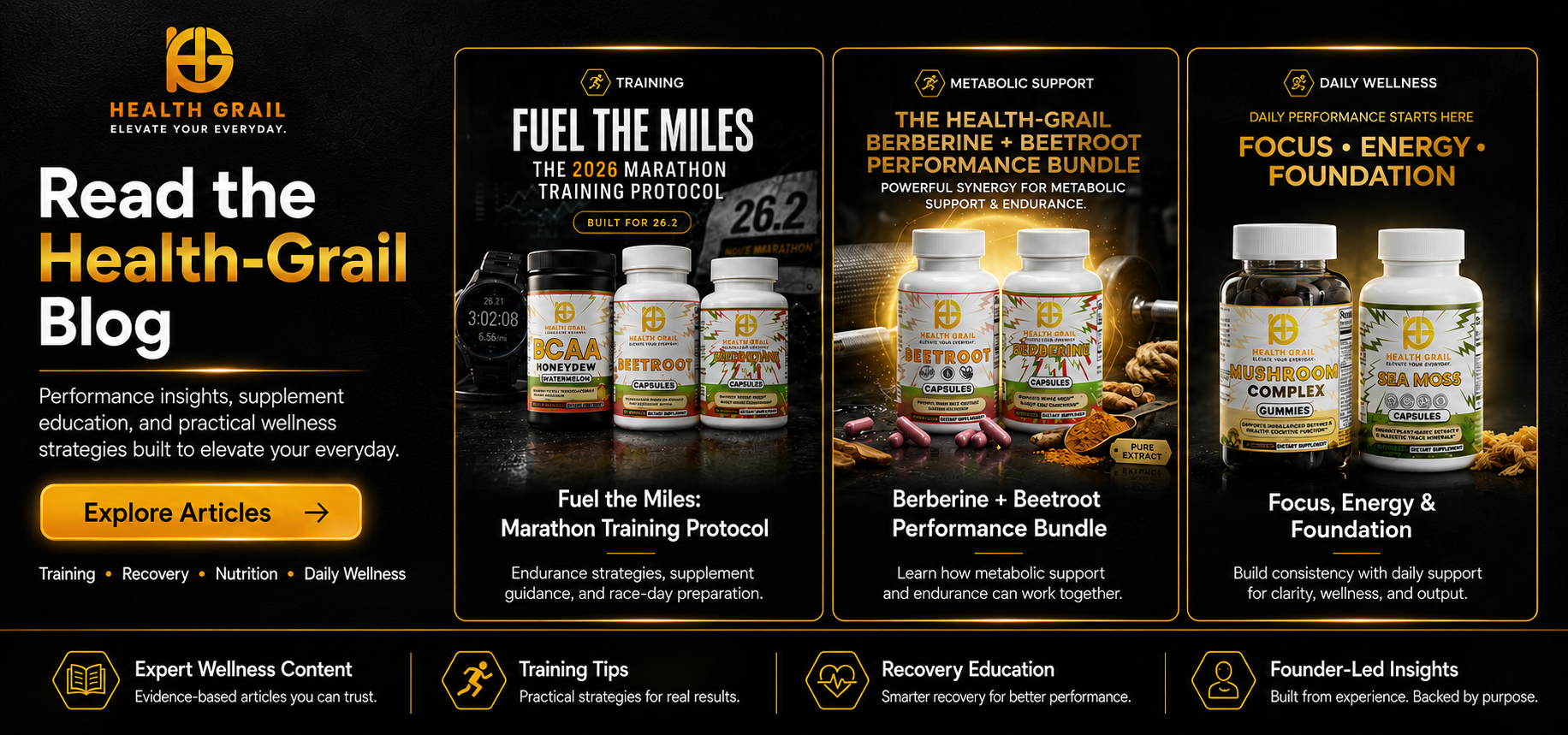 Promotional banner for Health-Grail supplements with product images and text on a dark background.